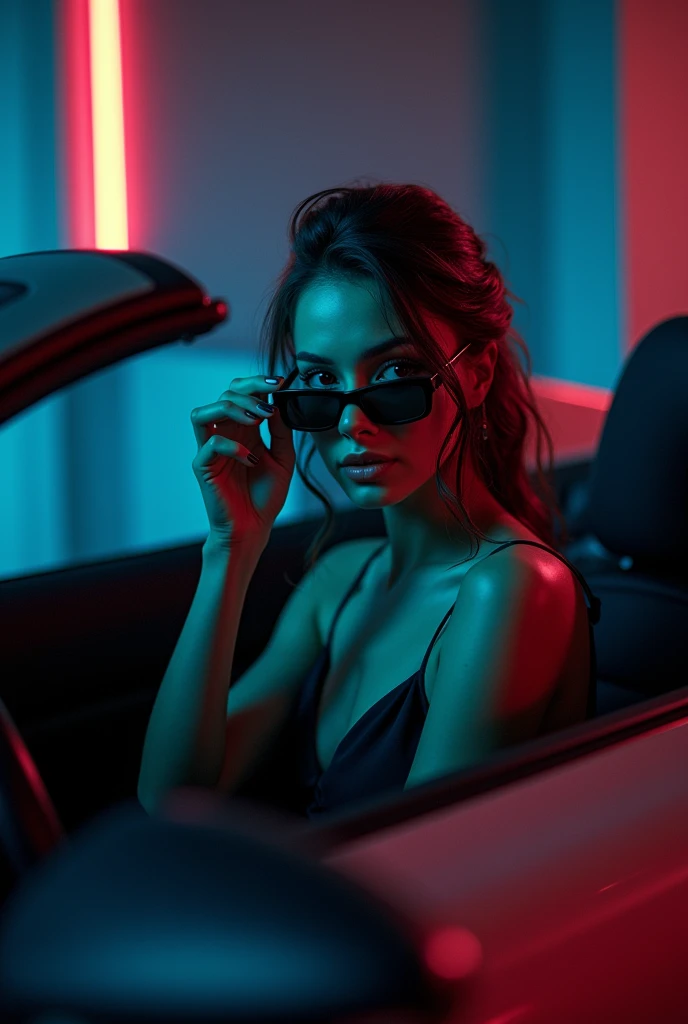  Create a beautiful girl clutching her dark glasses while riding in a sports car. And that the landscape is at night .  and that the car is inside a garage with neon light  