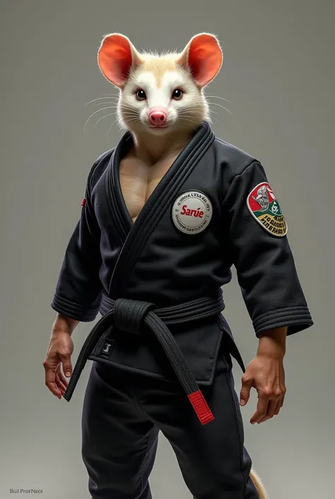 Create a Brazilian possum with a mens body fitness with a black Jiu Jitsu kimono is a black belt with a red tip at the waist and the circular petch with the name “saruê”