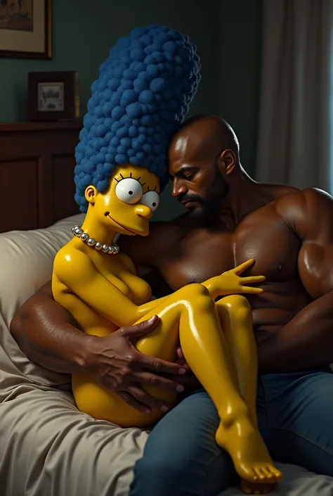 Sweaty naked Marge with black guy in bed 