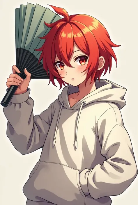 Create an anime character with red hair and wearing white, unprinted hoodie and holding a giant, character-sized fan and hinge 