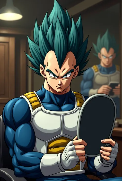  Vegeta is in a barber shop in one of his hands he holds a mirror, Theres a semblance of dissatisfaction on your face,  because the hair on the middle of his forehead has been shaved .  The barber looks unkempt half scared . 
