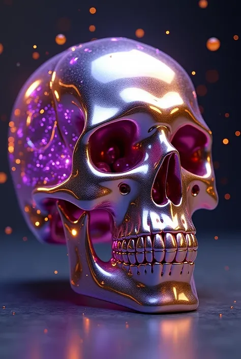  A shiny metal skull with purple gold falling on it, the skull must be spinning .  It can be a 10-second video 