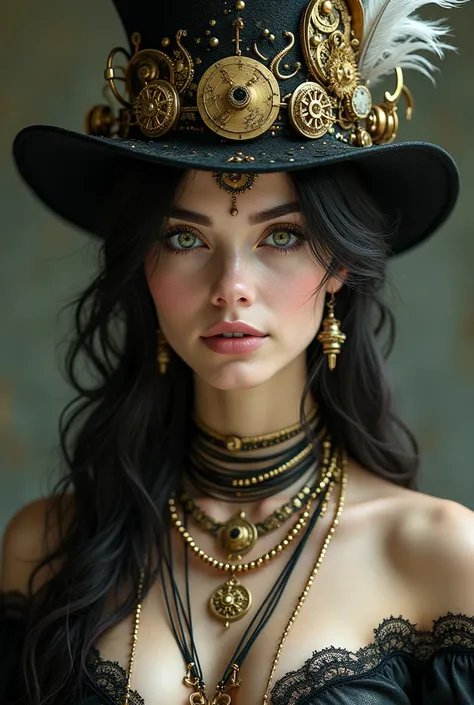 A young perfect face  fine Gold rich woman breasts  huge long with striking Green 
eyes and dark hair. She is adorned with a black hat that is heavily embellished with golden gears, ornate details, and feathers. The hat appears to be inspired by the steamp...