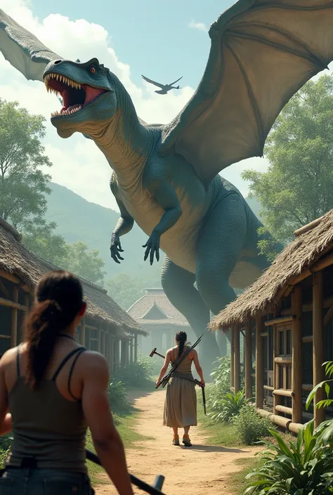 Create a realistic Allosaurus and a Pterosaurus,  a large woman with an axe ,  a man holding a firearm .  They are in a village of houses made of bamboo and thatched roofs.