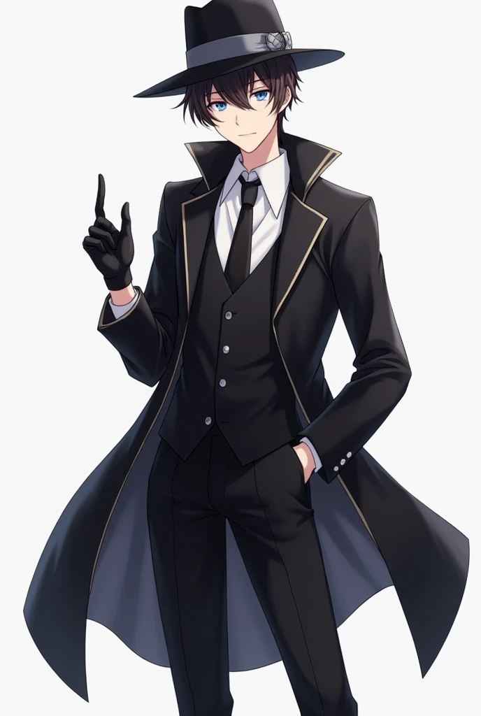 Young man
Headwear: He wears a black hat decorated with a grey stripe.
Hairstyle: He has short, dark brown hair that is slightly wavy, with bangs falling to the left side of his face.
Eyes: He has blue eyes.
Top clothing: He wears an elegant black coat tha...