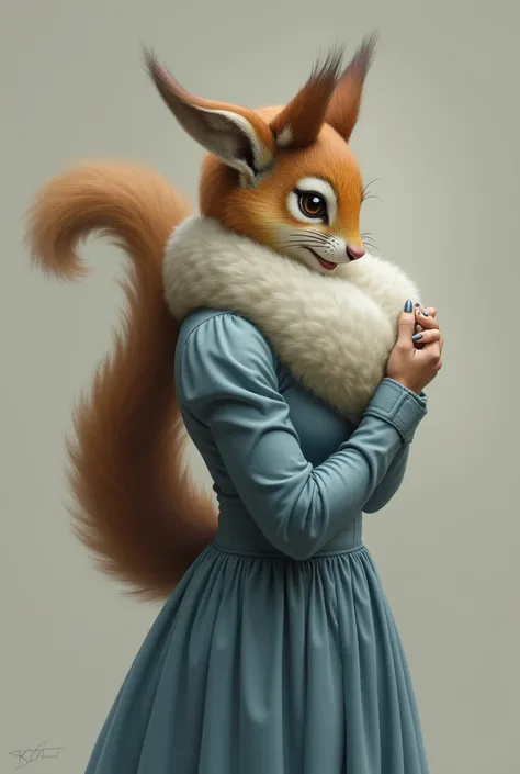  Realistic woman in a blue dress with a side profile has squirrel ears on her head, She has a muff on her face . The woman has squirrel hair on her body .  And a graceful squirrel tail appears from the back of her waist 