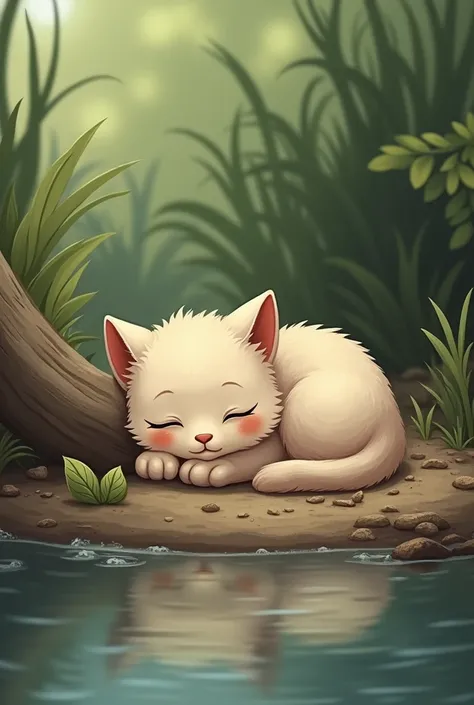  A small cat is sleepy and half a sea freedom cat is sleeping in mud 