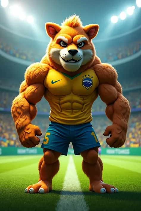 Create national team mascot Brazilian national team features impressive muscular soccer field scenery