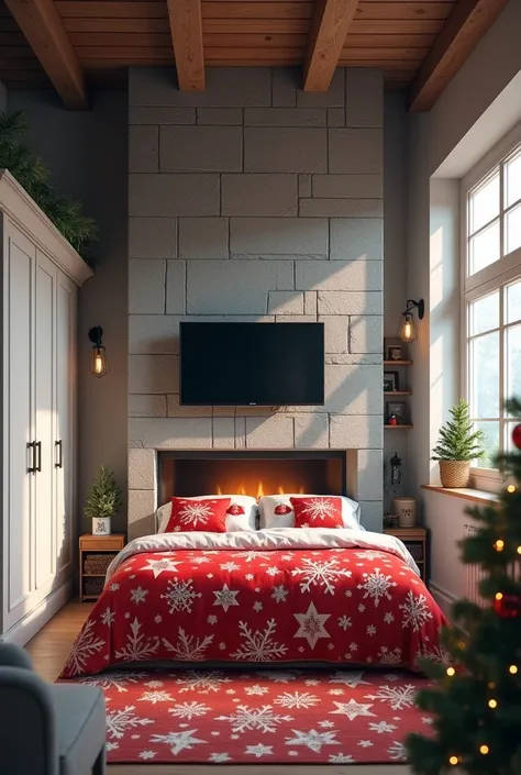 Make a room with a bed with Christmas sheets , with a window on the right side and in the front of the bed with a headboard up to the ceiling in the shape of a gray stone, in front of the bed a flat television attached to the wall and below a fireplace , o...