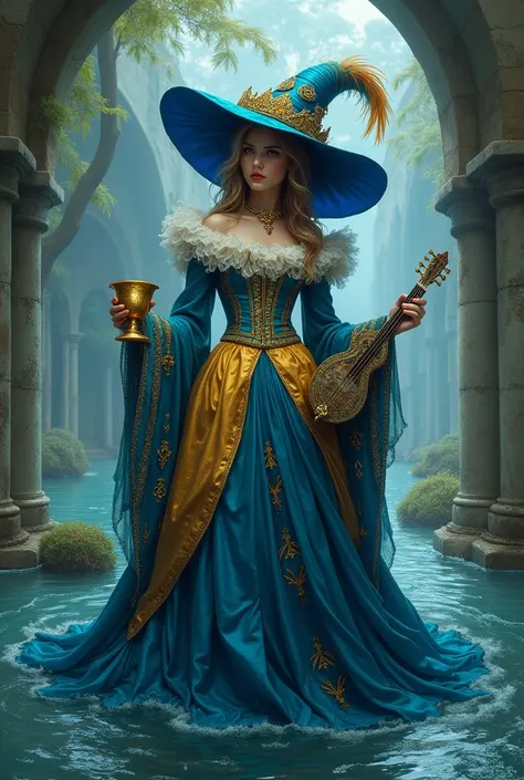 The witch in clown blue and gold dress with feather in a hat, lute and gold cup in a water background 