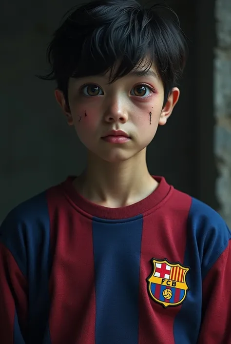 Person with viscous eyes wearing a Barcelona sweater