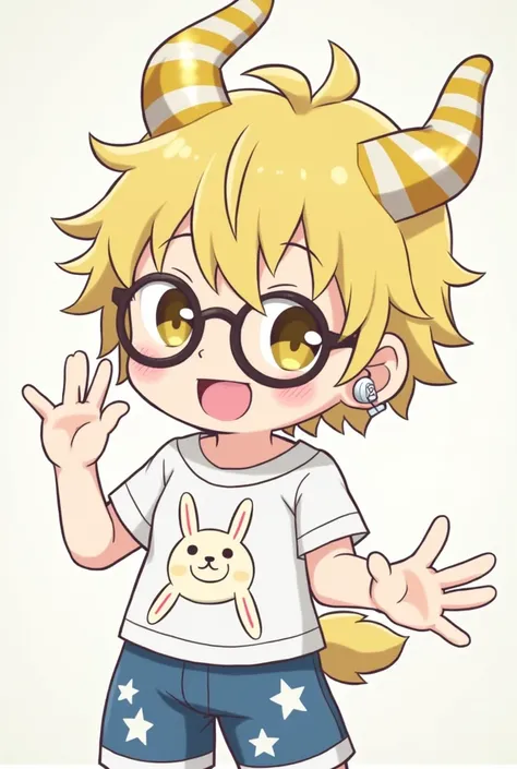 blond hair man, shirt with a rabbit , blue shorts with stars ,glasses,a smile anime , some hearing aids , golden horns with white stripes.