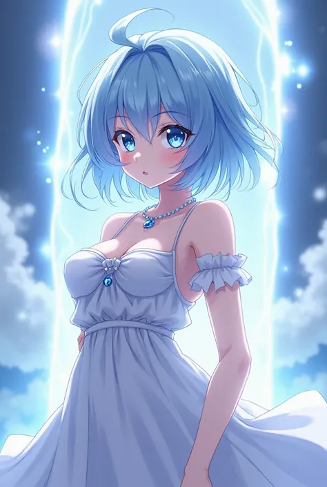  Light blue hair small girl, with blue eyes, large breasts Usaki-chan style, with portal powers.