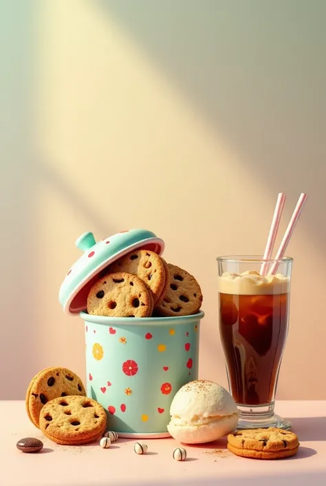 Cookie container with iced coffee and ice cream 