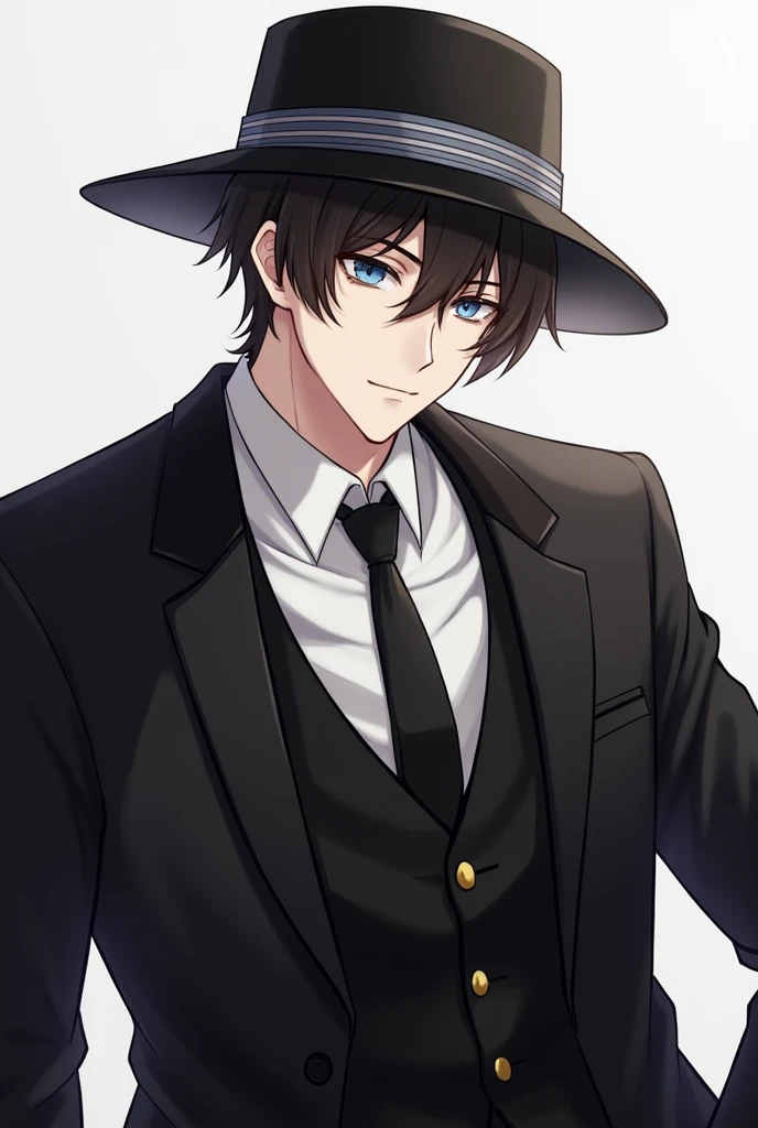 Young man
Headwear: He wears a black hat decorated with a grey stripe.
Hairstyle: He has short, dark brown hair that is slightly wavy, with bangs falling to the left side of his face.
Eyes: He has blue eyes.
Top clothing: He wears an elegant black jacket t...