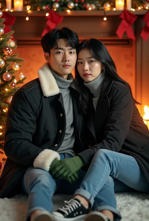 

Poto full body A pair of handsome young korean lovers in winter style are sitting in front of a burning fireplace.  He wore a thick jacket in black white fur accents on the collar and ends of the sleeves ,  combined with a gray turtleneck sweater and gre...