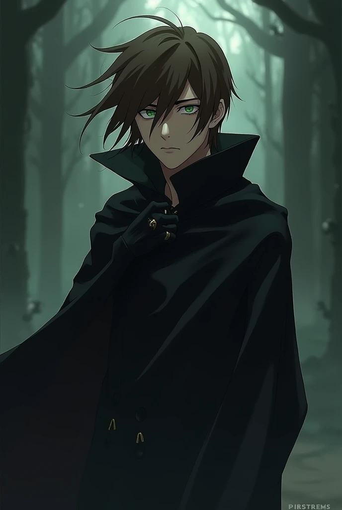 anime style , Boy , Green Eyes , Brown long hair in curtain style , One hand in a glove , teen , Villain , Tired , green black Cape