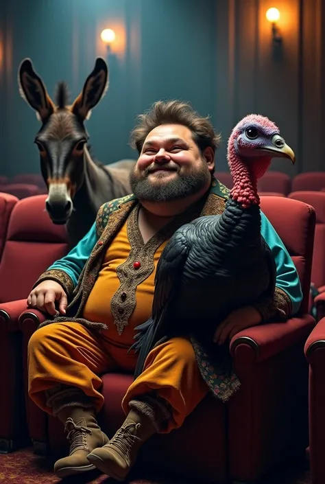 Little fat man , hairy, no beard, wearing gypsy clothes sitting in a movie theater with a big black turkey on his lap and a donkey behind 