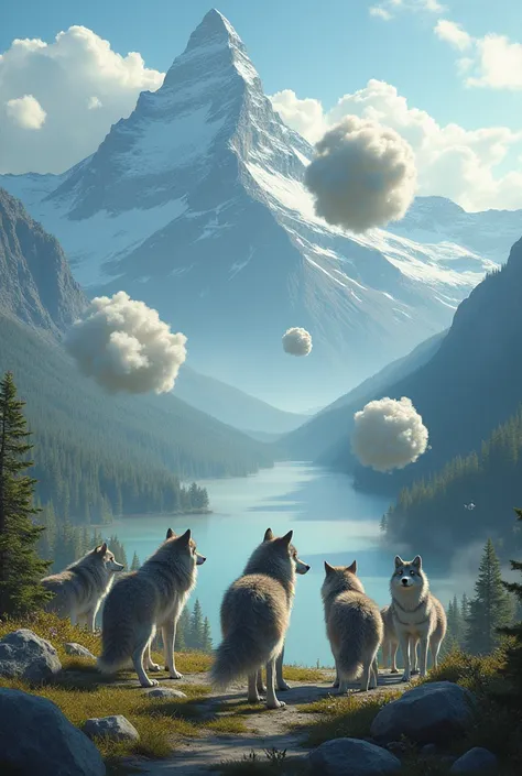 Alot of wolfs along with puffs are standing watching each other with a beautiful back ground  , mountains , river, and forest 