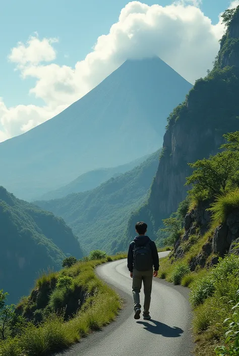 Generate an image of A young korean man, winding mountain road.  A large volcano is visible in the background, partially obscured by clouds. Lush green vegetation lines the road.with 9:16 aspect ratio.