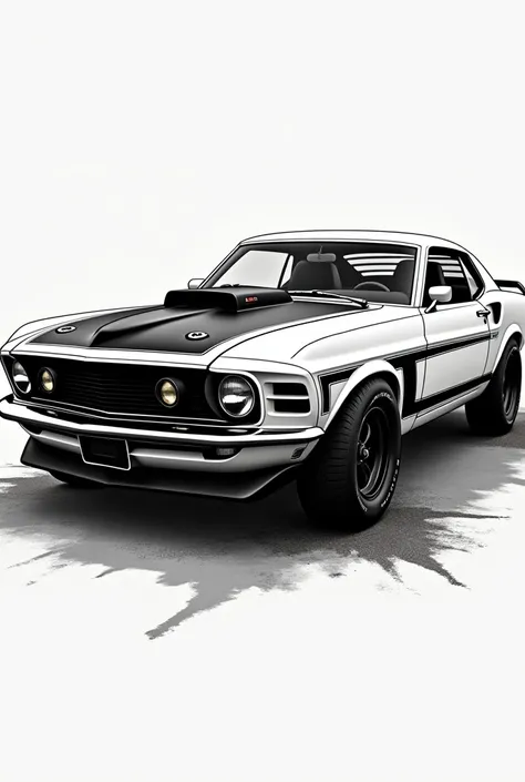 A Ford Mustang Boss 351 side by side in 2d in black and white with no basic gloss 
