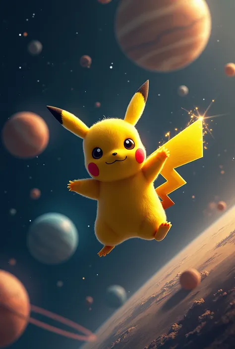 Pikachu in space above the planets
