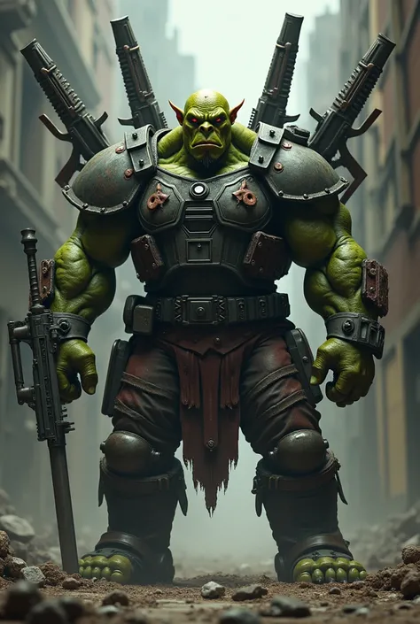 An evil orc in a bulletproof vest with several arms