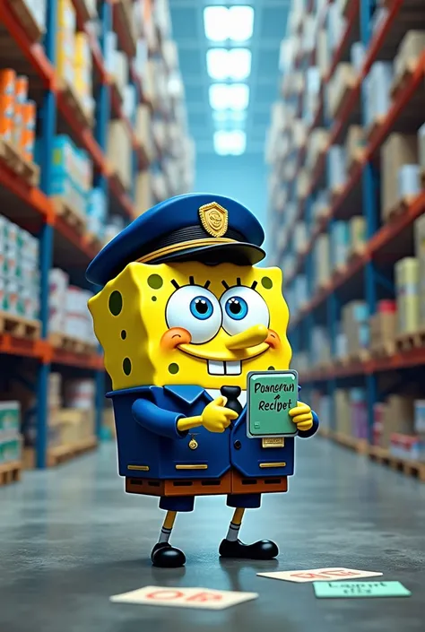  SpongeBob in a navy blue police outfit, labeling deodorant in a warehouse