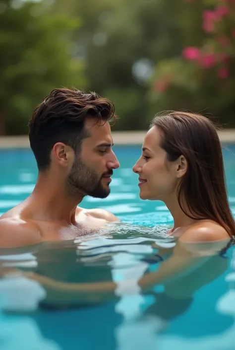 Man masturbating his penis while a woman watches it, inside the pool