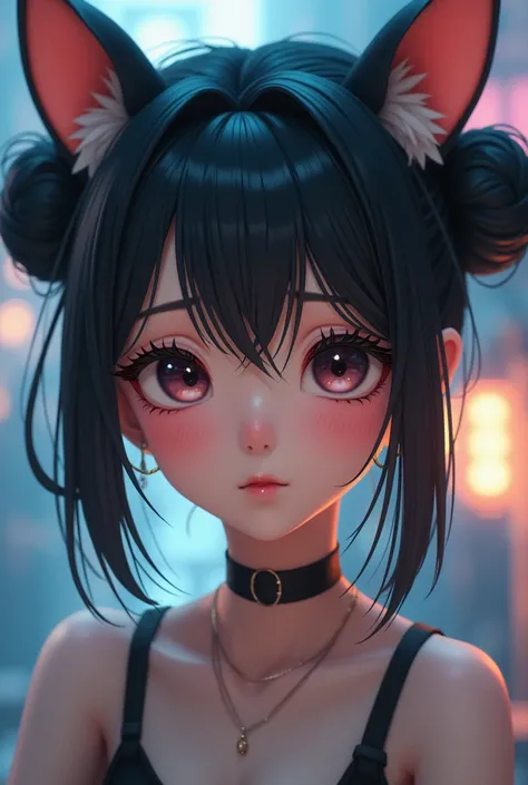 black hair, hair bobbles, wince, longeyelashes, solid circle eyes, fake animal ears, light smile, ear blush, fang, ccurate, Surrealism, drop shadow, anaglyph, stereogram, tachi-e, pov, atmospheric perspective, 8k, super detail, best quality