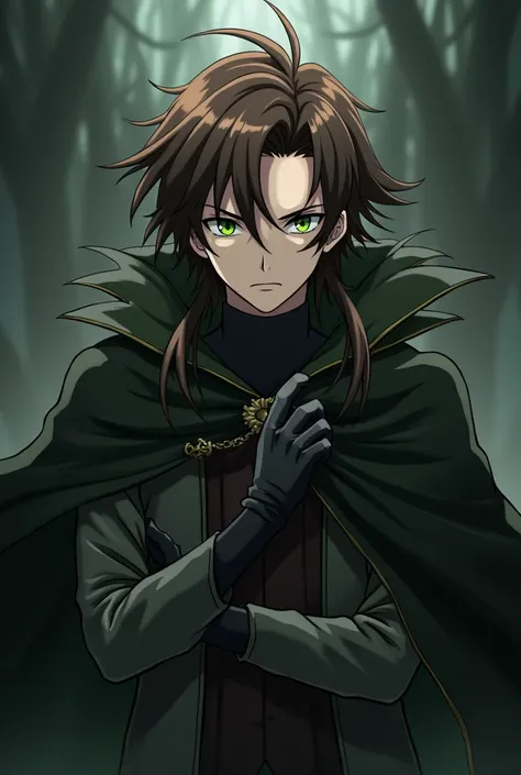 anime style , Boy , Green Eyes , Brown long hair in curtain style , One hand in a glove , teen , Villain , Tired , Black and green cape , emperor