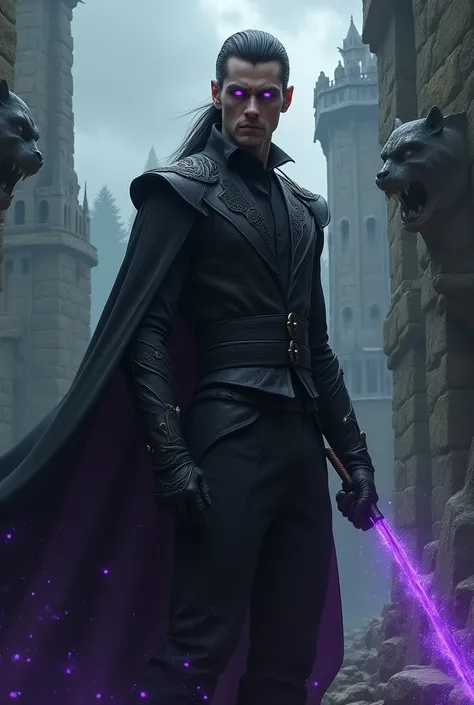 A villainous man with black, slicked-back hair, glowing purple eyes and medieval background.