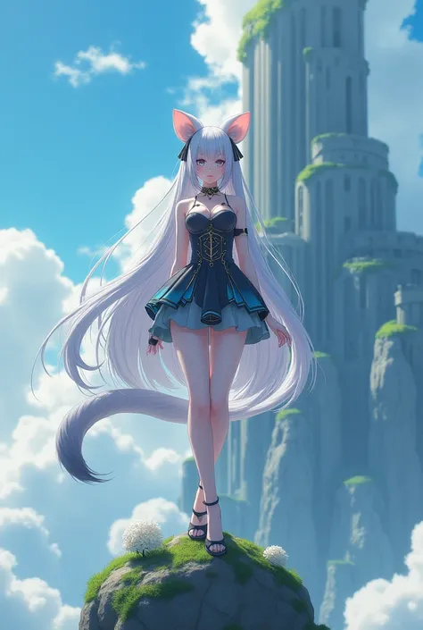 A beautiful girl standing on top of a huge anime-style building,  with long white hair up to the floor ,  a very feminine beautiful body ,  big breasts and wide hips,  an even whiter skin and a ferret tail ,  as well as quite large ears on her head ,  that...