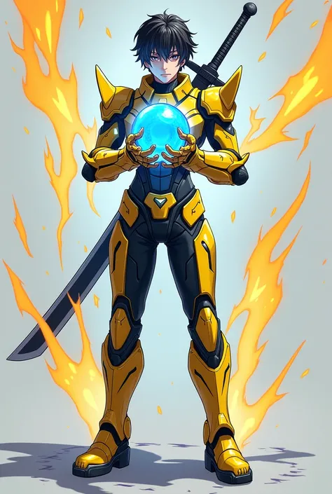 A male, wearing a cool yellow black robotic  armoured costume,  a cool blue spherical orb flying between his both hands, yellow red ray coming out from his back, anime figure, he is looking at the orb, black hair, a robotic sword on his back, 