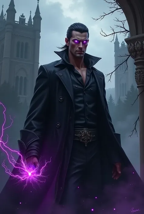 A villainous man with black, slicked-back hair, glowing purple eyes and medieval background.