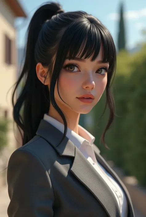 1 Italian female, black hair with bangs, pony tail,grey suit, standing in front of a villa (best quality,4k,8k,highres,masterpiece:1.2),ultra-detailed,(realistic,photorealistic,photo-realistic:1.37),highly detailed face, intricate details, vibrant colors. 