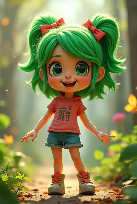 full girl, mascotte, green hair, en mode reel
