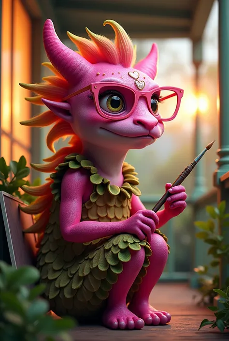  A grandma pitaya with pink skin and green textures like leaf tips .  She wears rose-framed glasses and is sitting on a porch at sunset, painting the surrounding landscape 