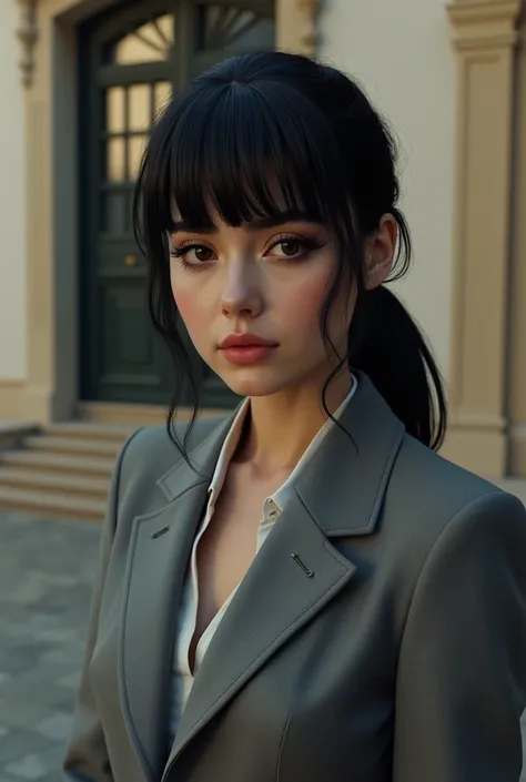 1 Italian female, black hair with bangs, pony tail,grey suit, standing in front of a villa, mafia aesthetic (best quality,4k,8k,highres,masterpiece:1.2),ultra-detailed,(realistic,photorealistic,photo-realistic:1.37),highly detailed face, intricate details,...