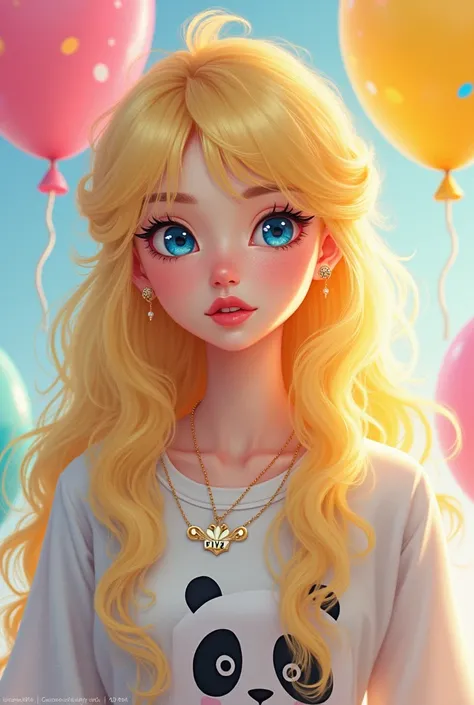 C Very light yellow hair a necklace inscribed diva blue eyes mouth with a half-pink lipstick Shirt in the design of a little panda Blue pants Background was with 3 balloons I love you

