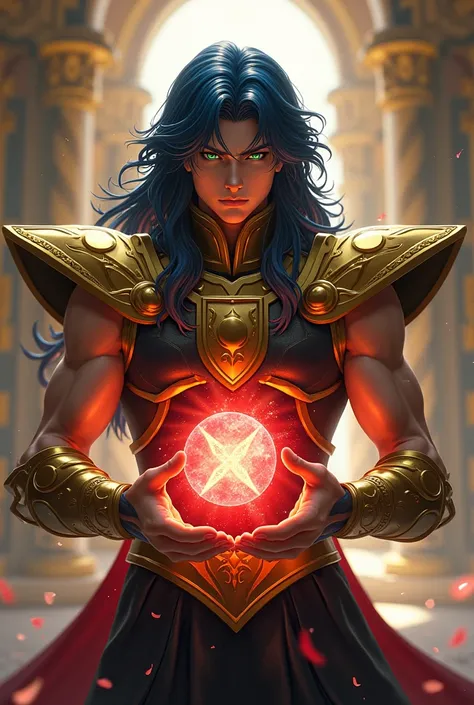 Create Saint Seiya  & Final Fantasy a handsome man with long wavy blue hair with green eyes wearing shimmering half-gold half-black armor of the Gemini sign with square shoulder pads holding a sphere of pulsating red energy in a divine temple 