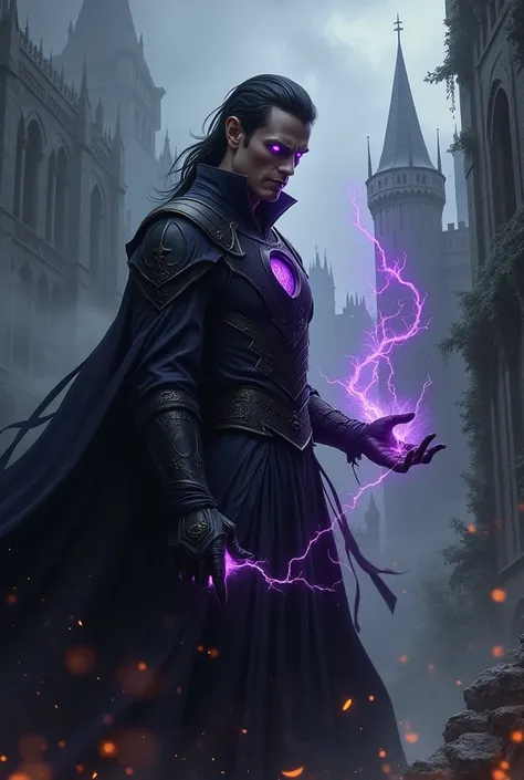 A villainous man with black, slicked-back hair, glowing purple eyes and medieval background.