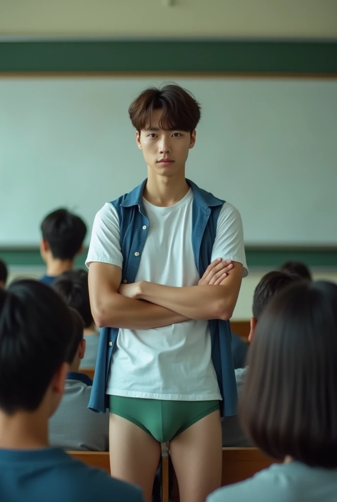 Realistic, cinematic photography,Teenage Korean guy,brown hair,, turn half face to camera,Stand with arms crossed,  , wearing white cropped t-shirt blue shirt,no pants, green basic cheap price underwear, brown comma hair, white pale skin,, skinny thin slim...