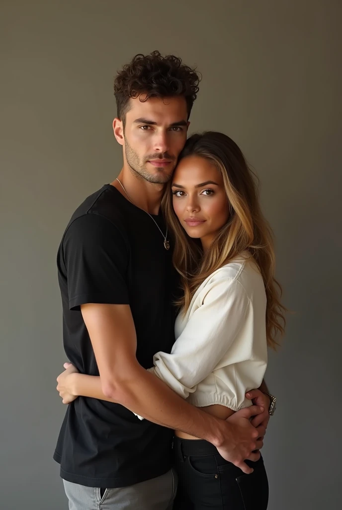 A couple hugging, A man with very short curly hair ,with light brown eyes, black t-shirt and gray pants ,half brown skin,And a brown-haired one with blonde lights,dark brown eyes, white blouse and black pants ,medium-light skin 