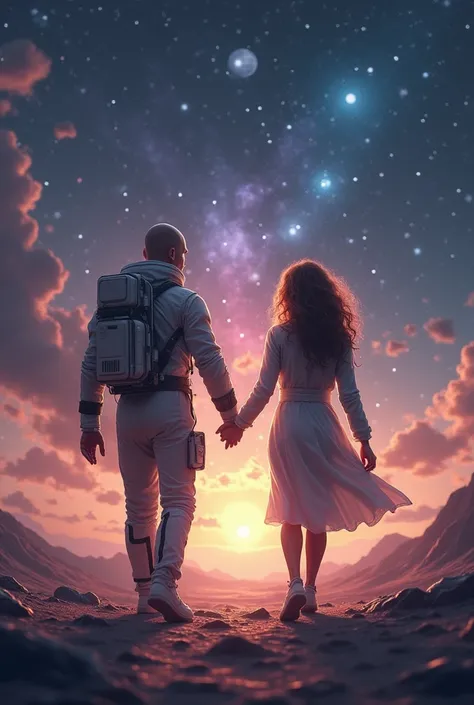 Bald man holding hands with his wife walking in space