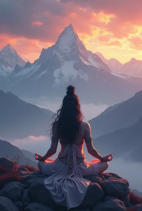 Lord Shiva sit with Lord Parvati,in Kailash,Mountain, Background Snow,Hill,Sky beautiful, Lord Shiva & Lord Parvati face is so Attractive, Time sunset.