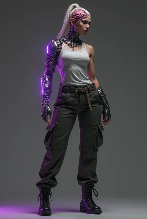 a woman, 1,70, muscular, Wear cargo pants , wear boots,  wear a sleeveless blouse ,  it has a mechanical arm that emits a purple light and in this arm some secrecy is symbolic of rituals,  It has a metal jaw , It has hair only on the left side of the head ...