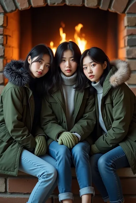 

Poto full body 3 young korean hijab-wearing women in winter style are sitting in front of a burning fireplace.  He wore a thick jacket in black white fur accents on the collar and ends of the sleeves ,  combined with a gray turtleneck sweater and green k...