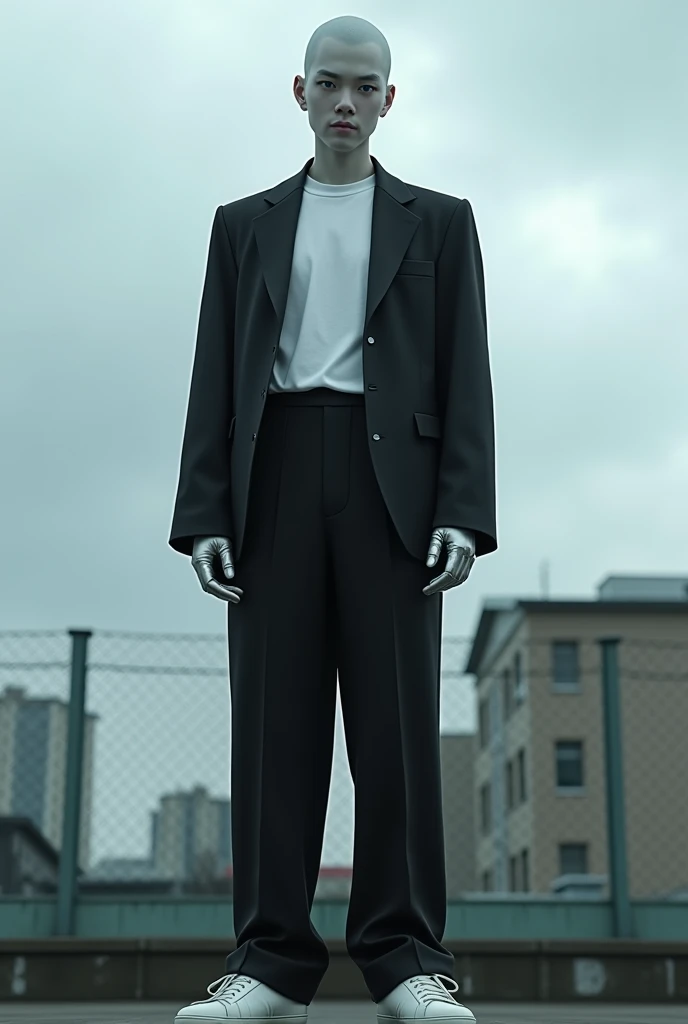 Japanese male, 20 years old,Bald-headed, has silver skin,The Long alma mater is black with a Chinese collar,Black formal trousers,White sports shoes,Casual white t-shirt as underwear,Camera zoom from bottom to top,Crossed pose both MenaLooking at the camer...