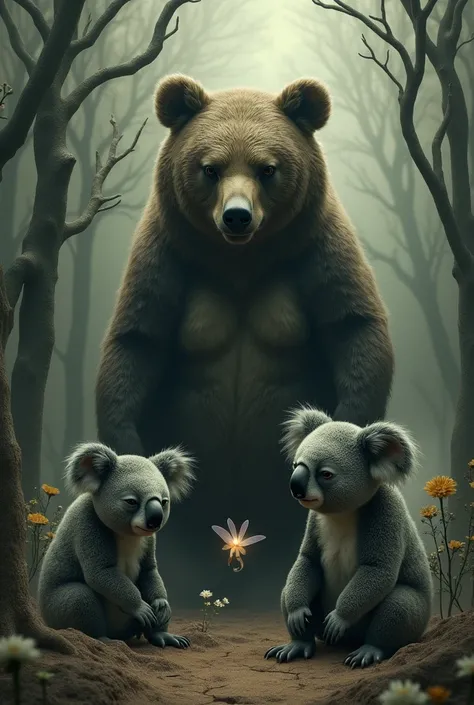 A bear, a sad male koala and a fairy together in a forest with drought without sun and without flowers